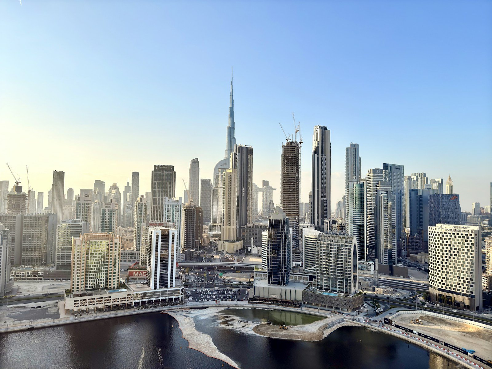 Dubai skyline and Burj Khalifa across Business Bay